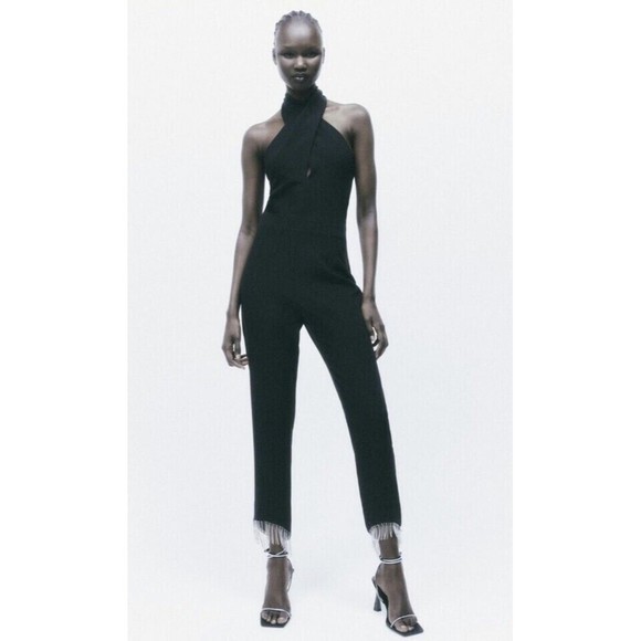 ZARA NWT WOMAN HALTER NECK JUMPSUIT WITH RHINESTONE FRINGING REF:0387/196 XS - Picture 1 of 7
